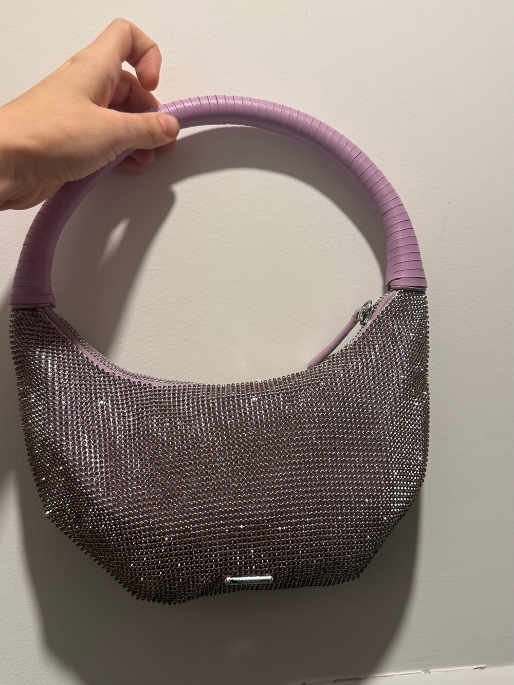 STAUD Lilac-Handled Silver Crystal Mesh Shoulder Bag